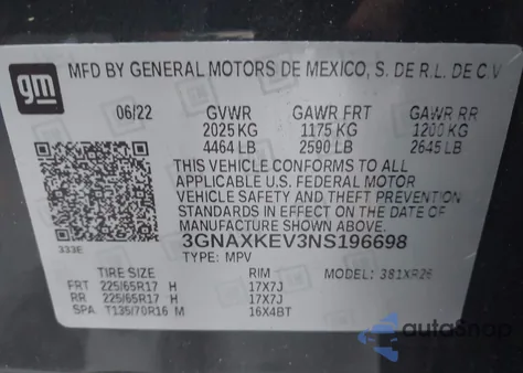 2022 Chevrolet Equinox Fwd Lt z USA, uszkodzony, nr VIN 3GNAXKEV3NS196698